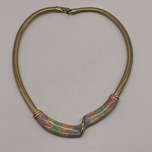 Vintage Gold Tone Snake Chain Pastel Enamel Necklace